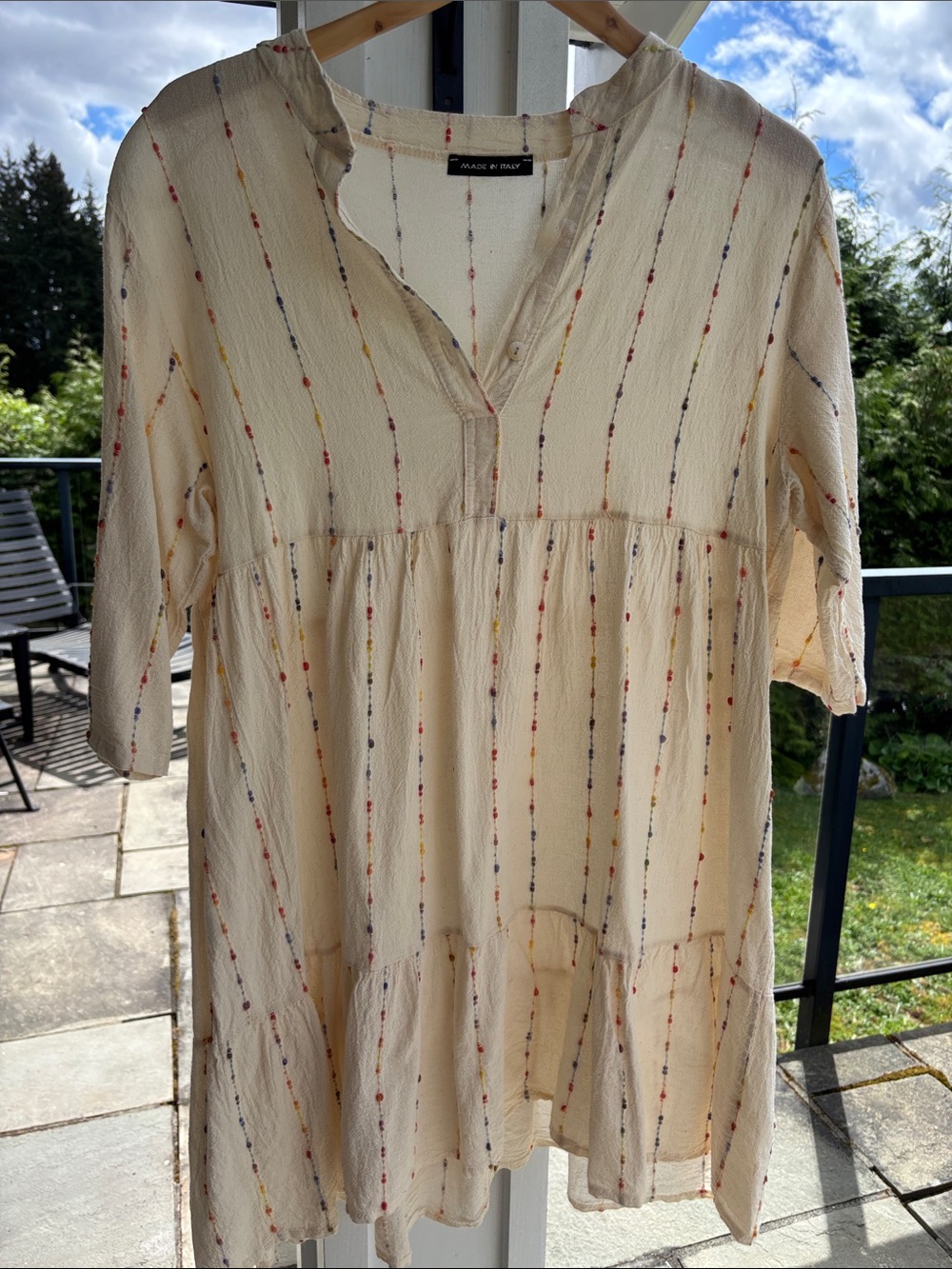 Women’s Made in Italy Crinkle Cotton  Tiered Dress with Multi-Color Stitching